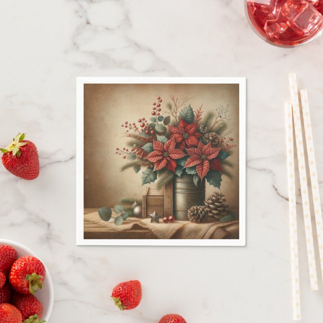 Rustic Farmhouse Holiday Poinsettia Découpage Napkin (Insitu)