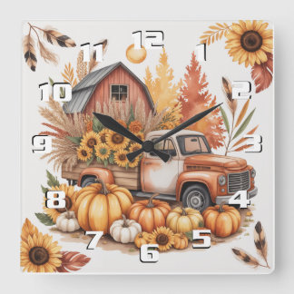Rustic Farmhouse Inspired Autumn and Thanksgiving Square Wall Clock