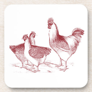 Rustic Farmhouse Kitchen Red Rooster Hens Coaster