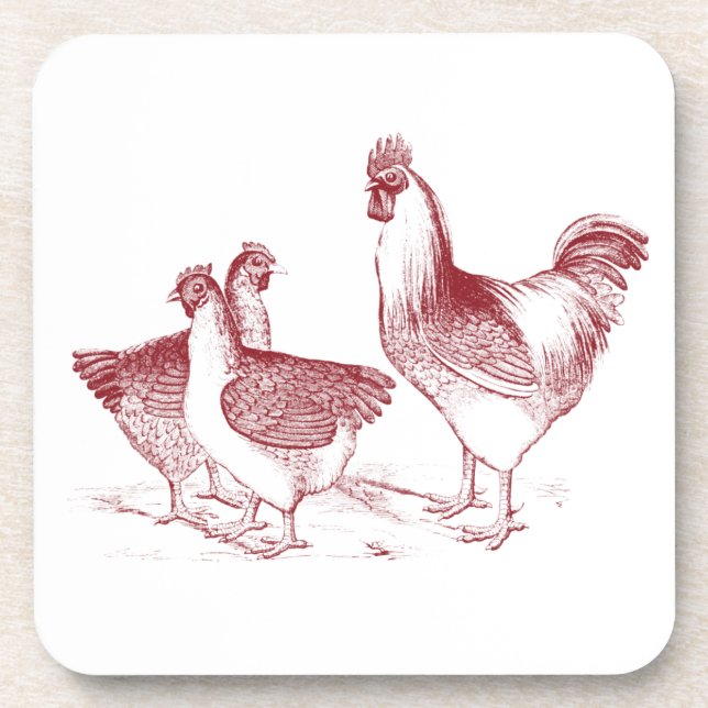 Rustic Farmhouse Kitchen Red Rooster Hens Coaster (Front)