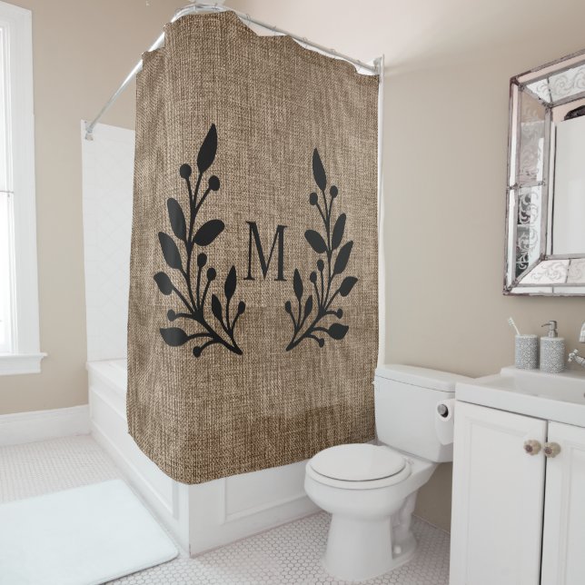 Rustic Farmhouse Laurels Burlap Monogrammed  Showe Shower Curtain (In Situ)