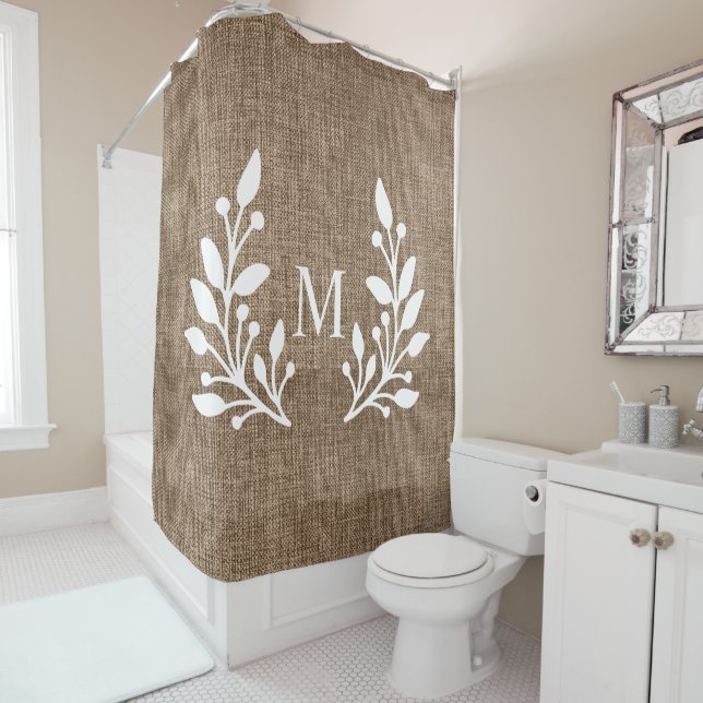 Rustic Farmhouse Laurels Burlap Monogrammed  Shower Curtain (In Situ)