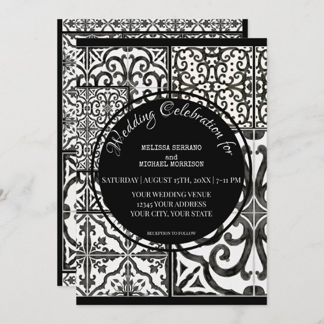 Rustic Farmhouse Modern Tile Black White Wedding Invitation (Front/Back)