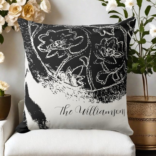 Rustic farmhouse monogram floral black white  cushion (Creator Uploaded)