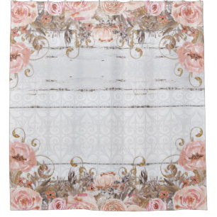 Rustic Farmhouse Pink Country Floral Gray Wood Shower Curtain
