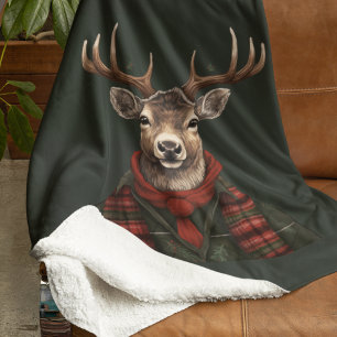 Rustic Farmhouse Plaid Deer And Green Sherpa Blanket