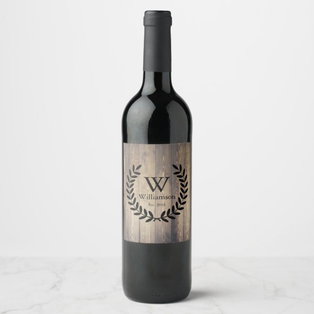 Rustic Farmhouse Planks Black Laurels Monogrammed Wine Label (Front)