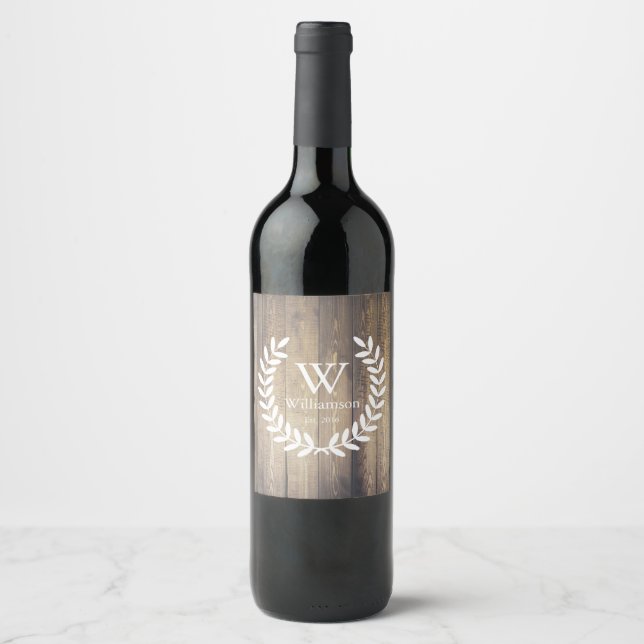 Rustic Farmhouse Planks White Laurels Monogrammed Wine Label (Front)