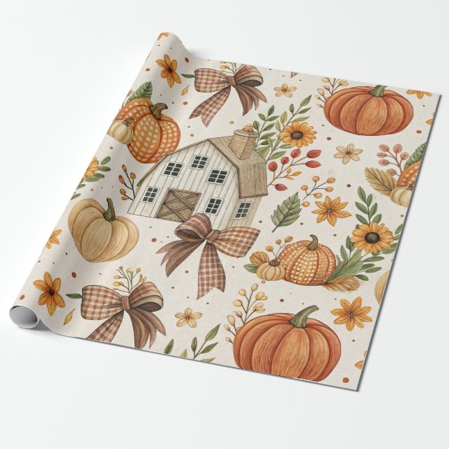 Rustic Farmhouse Pumpkin Autumn Pattern Wrapping Paper (Unrolled)