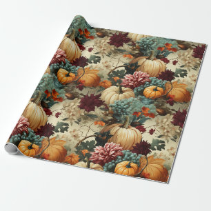 Rustic Farmhouse Pumpkin Orange Floral Vintage Wrapping Paper