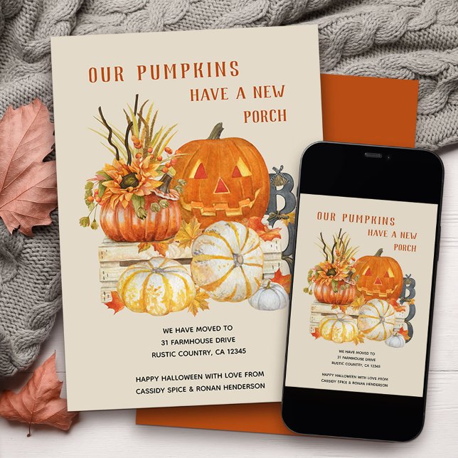 Rustic Farmhouse Pumpkins New Porch Moving Announcement (Fun halloween themed moving announcement to let your friends know your pumpkins have a new porch!)