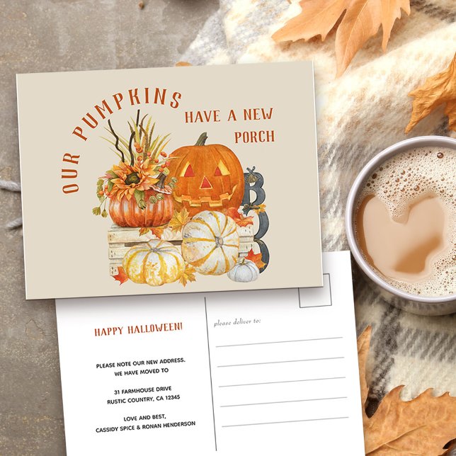 Rustic Farmhouse Pumpkins New Porch New Address Holiday Postcard (New address and Happy Halloween Postcard with rustic fall pumpkins)