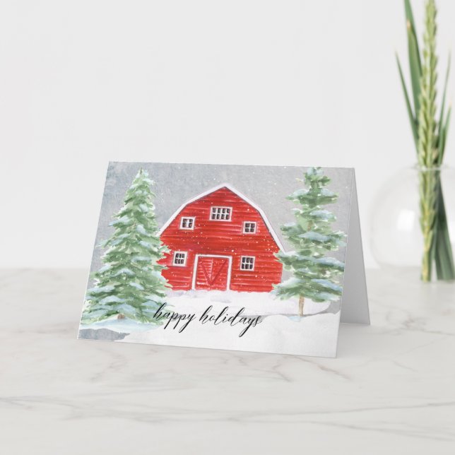 Rustic Farmhouse Red Barn in the Snow Christmas Holiday Card (Front)