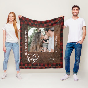 Rustic Farmhouse Red Buffalo Plaid Christmas Photo Fleece Blanket
