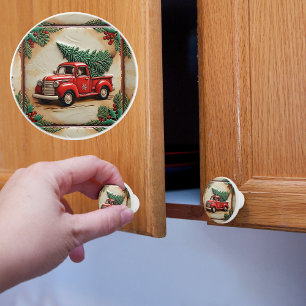 Rustic Farmhouse Red Truck Christmas Ceramic Knob