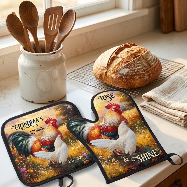 Rustic Farmhouse Rooster and Hen Personalised Oven Mitt & Pot Holder Set (Rustic Farmhouse Rooster and Hen Personalized Oven Mitt & Pot Holder Set)