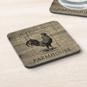 Rustic Farmhouse Rooster Barn Wood Family Name  Coaster