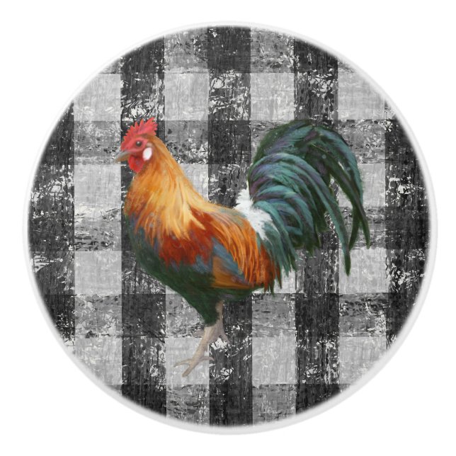 Rustic Farmhouse Rooster Black White Gingham Check Ceramic Knob (Front)