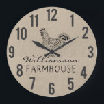 Rustic Farmhouse Rooster Burlap Family Name Large  Clock<br><div class="desc">Rustic Farmhouse Rooster Burlap Family Name Large Clock</div>