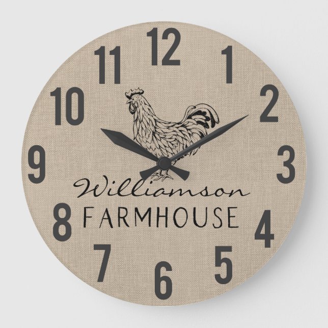 Rustic Farmhouse Rooster Burlap Family Name Large  Clock (Front)