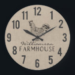 Rustic Farmhouse Rooster Burlap Family Name Large  Clock<br><div class="desc">Rustic Farmhouse Rooster Linen/Burlap Family Name Large Clock - Add a touch of farmhouse style to your kitchen. Our Rustic Farmhouse Rooster Burlap/Linen family name large clock template makes it so easy for your to personalise your clock and make it your own. If you need assistance personalising your clock or...</div>