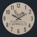 Rustic Farmhouse Rooster Burlap Family Name Large  Clock<br><div class="desc">Rustic Farmhouse Rooster Linen/Burlap Family Name Large Clock - Add a touch of farmhouse style to your kitchen. Our Rustic Farmhouse Rooster Burlap/Linen family name large clock template makes it so easy for your to personalise your clock and make it your own. If you need assistance personalising your clock or...</div>