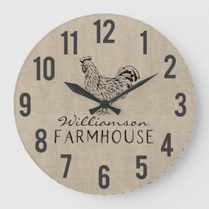 Rustic Farmhouse Rooster Burlap Family Name Large  Clock