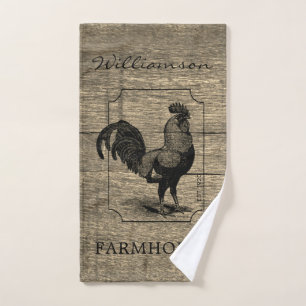 Rustic Farmhouse Rooster Family Name Barn Wood   Hand Towel