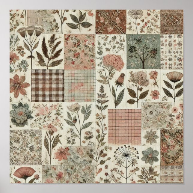 Rustic Farmhouse Sage Green Patchwork Quilt Floral Poster (Front)