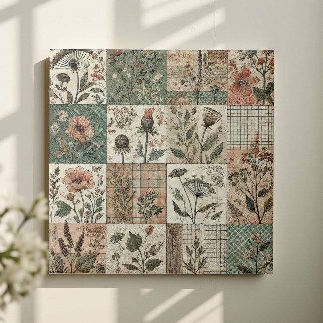 Rustic Farmhouse Sage Green Patchwork Quilt Floral Tile (Creator Uploaded)