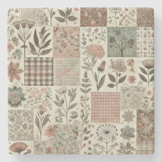 Rustic Farmhouse Sage Green Patchwork Wildflower  Stone Coaster (Front)