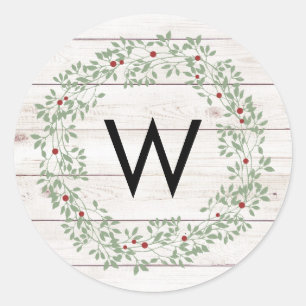 Rustic Farmhouse Shiplap with Wreath Monogram Classic Round Sticker