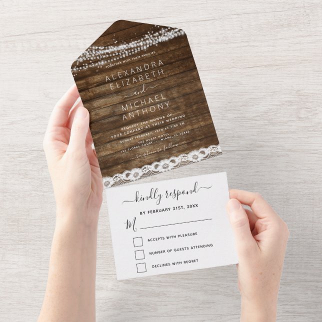 Rustic Farmhouse String Lights Lace Wedding All In All In One Invitation (Tearaway)
