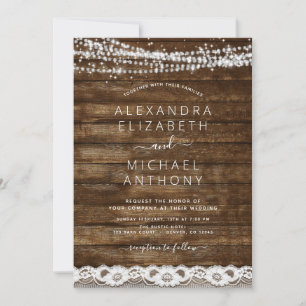 Rustic Farmhouse String Lights Lace Wood Wedding Invitation