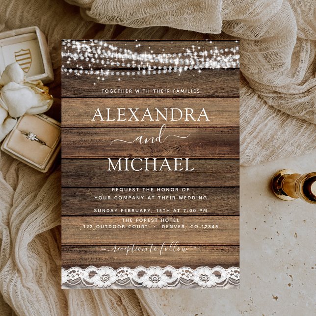 Rustic Farmhouse String Lights Lace Wood Wedding Invitation (Creator Uploaded)