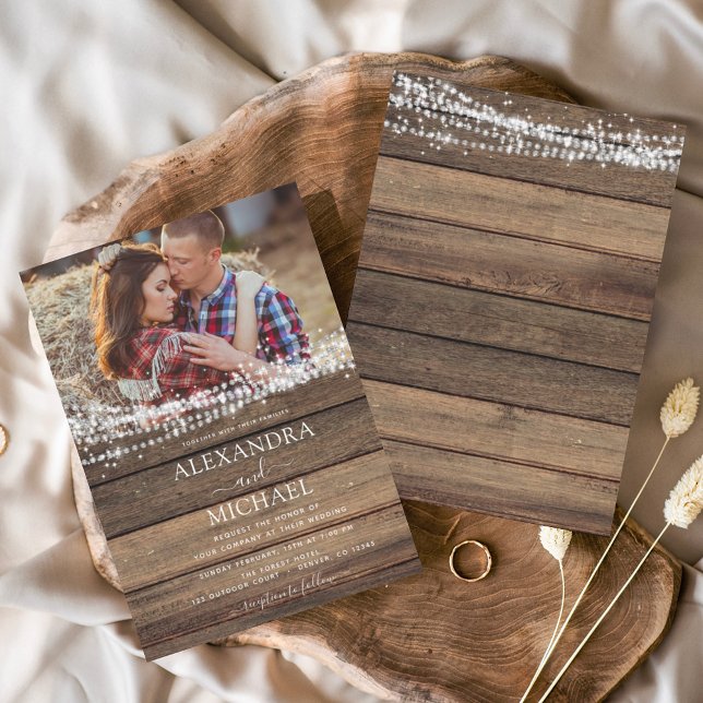 Rustic Farmhouse String Lights Photo Wedding Invitation (Creator Uploaded)