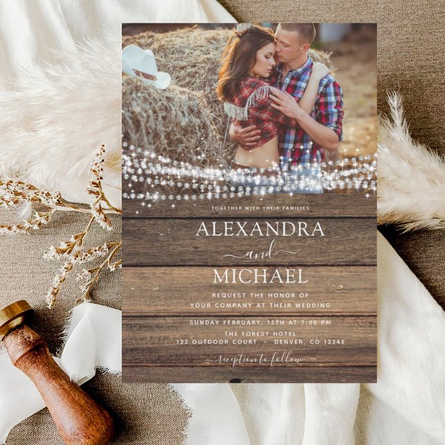 Rustic Farmhouse String Lights Photo Wedding Invitation (Creator Uploaded)