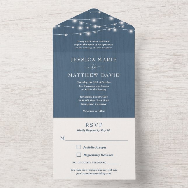 Rustic Farmhouse String Lights Wedding All In One  Invitation (Inside)