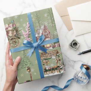 Rustic farmhouse style sage green snowing trees wrapping paper