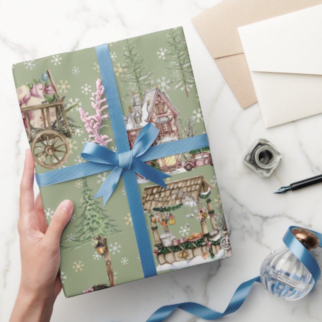 Rustic farmhouse style sage green snowing trees wrapping paper (Gifting)