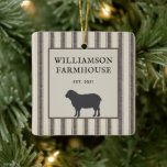 Rustic Farmhouse Style Sheep Photo Christmas  Ceramic Ornament<br><div class="desc">Rustic Farmhouse Style Sheep Grey.Black Ticking Photo Ticking Christmas Ornament- Farmhouse style Christmas ornament features ticking stripe with a rustic sheep and distressed, vintage font. Two sided ornament allows for plenty of room for all of your business details. Our high quality template makes it almost effortless to customize your ornament....</div>