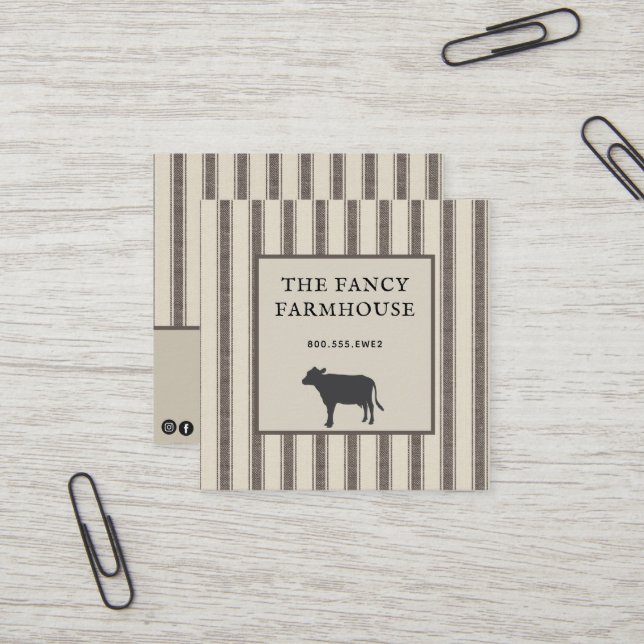 Rustic Farmhouse Style Ticking  Square Business  Card (Front/Back In Situ)
