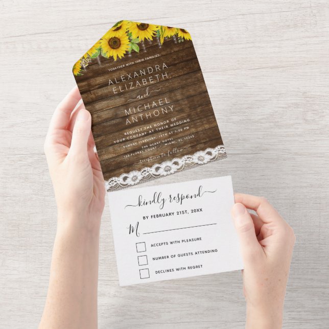 Rustic Farmhouse Sunflower Lace Wedding All In One Invitation (Tearaway)