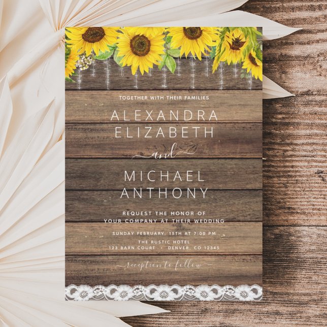 Rustic Farmhouse Sunflower String Lights Wedding Invitation (Creator Uploaded)