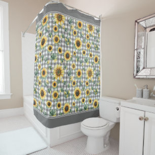 Rustic Farmhouse Sunflowers and Gingham Shower Curtain