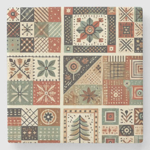 Rustic Farmhouse Terracotta Patchwork Quilt Floral Stone Coaster
