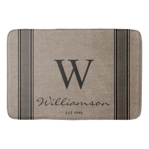 Rustic Farmhouse Ticking Stripe Burlap Monogram  Bath Mat