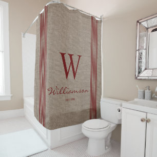 Rustic Farmhouse Ticking Stripe Burlap Monogram Sh Shower Curtain