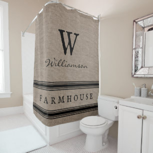 Rustic Farmhouse Ticking Stripe Burlap Monogram  Shower Curtain