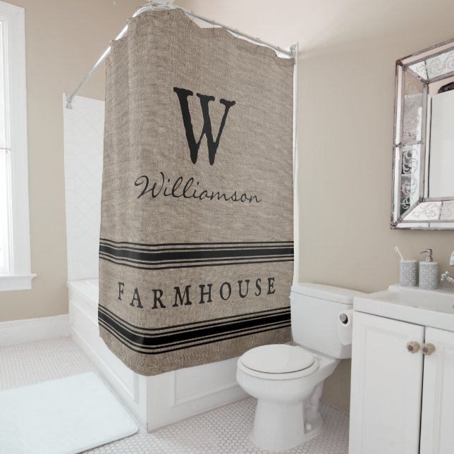 Rustic Farmhouse Ticking Stripe Burlap Monogram  Shower Curtain (In Situ)